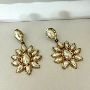 Large white and gold flower drop earrings